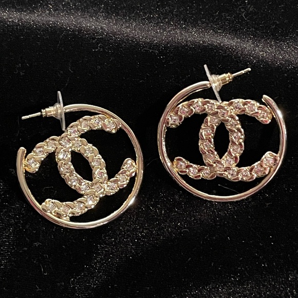 Gold Chanel Crystal Logo Hoops - Picture 5 of 5